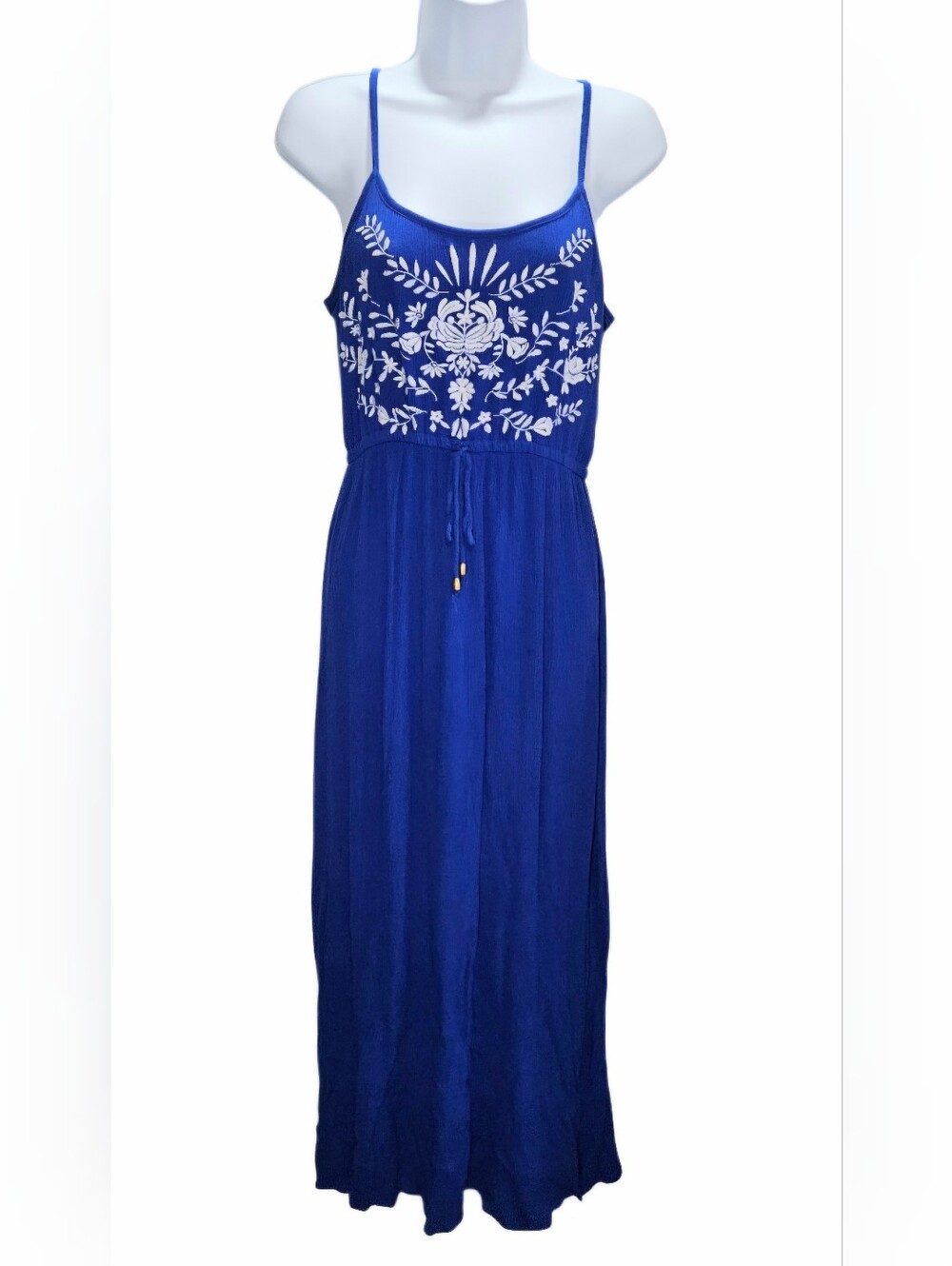 0137 Love on a Hanger Blue White Floral Embroidered Maxi Dress Boho Size Large
